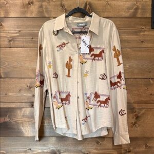 Blue B Beige Western Embroidered Button-Down Shirt
